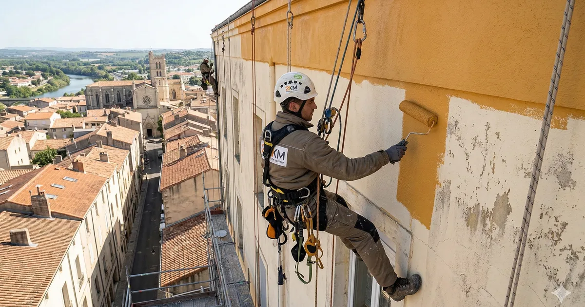 Peinture et ravalement de facade en hauteur par cordiste professionnel 2KM