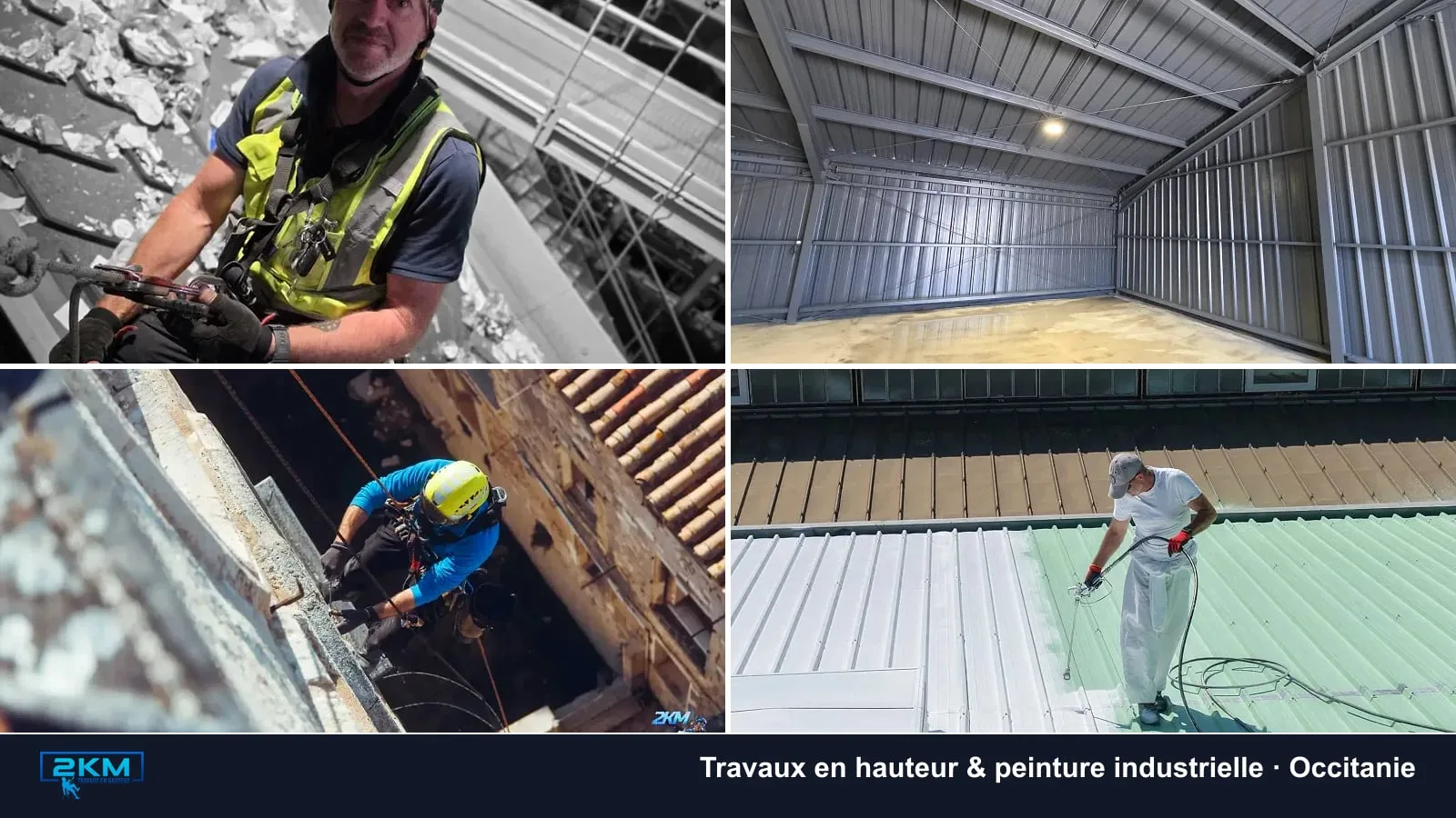 Mosaique des savoir-faire de 2KM Travaux en Hauteur en Occitanie : cordiste, peinture industrielle, patrimoine et cool roof