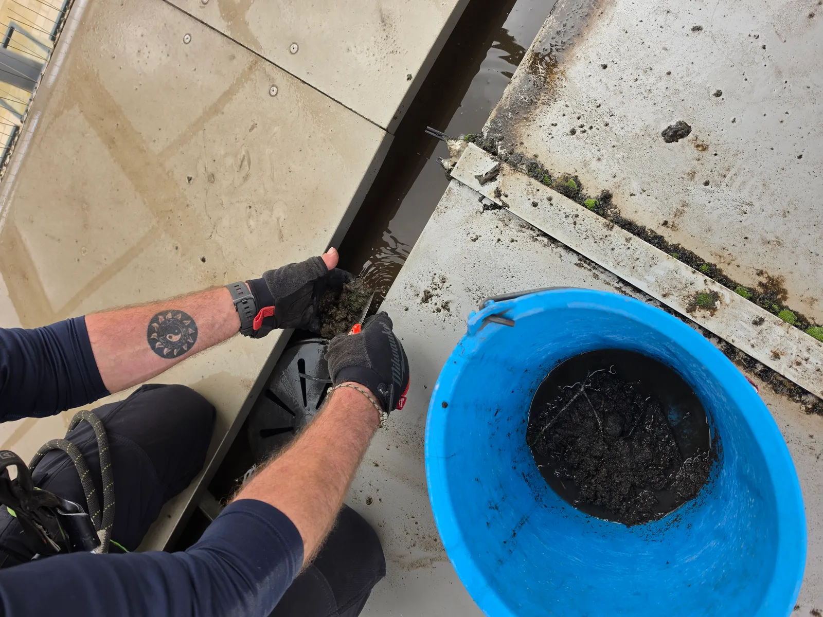 Curage des gouttieres du Polygone Beziers par technicien 2KM avec evacuation de debris vegetaux