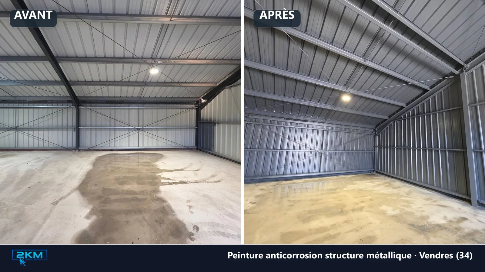 Avant apres de la mise en peinture de la structure metallique du studio Flat Cat Productions a Vendres par 2KM